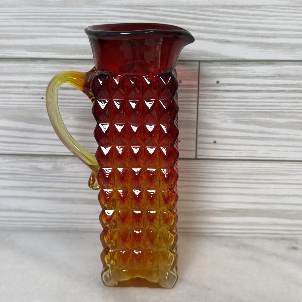Vintage Amberina Glass Small Pitcher- 6" - Orange, Red, Yellow